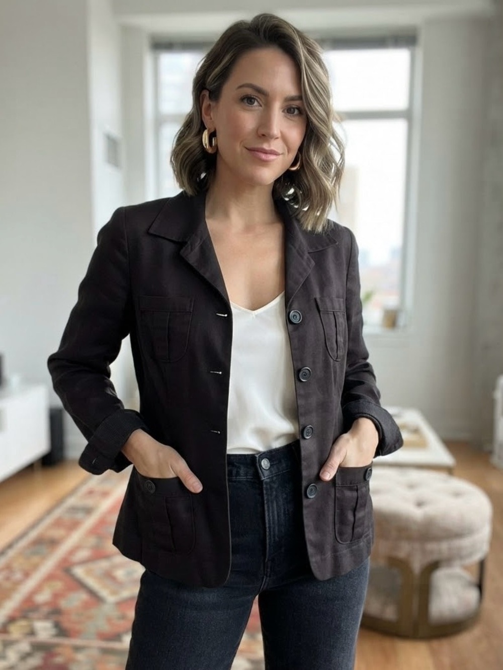 Trés You Black Linen Cotton Utility Button-Down Blazer Jacket Quite Luxury Chic